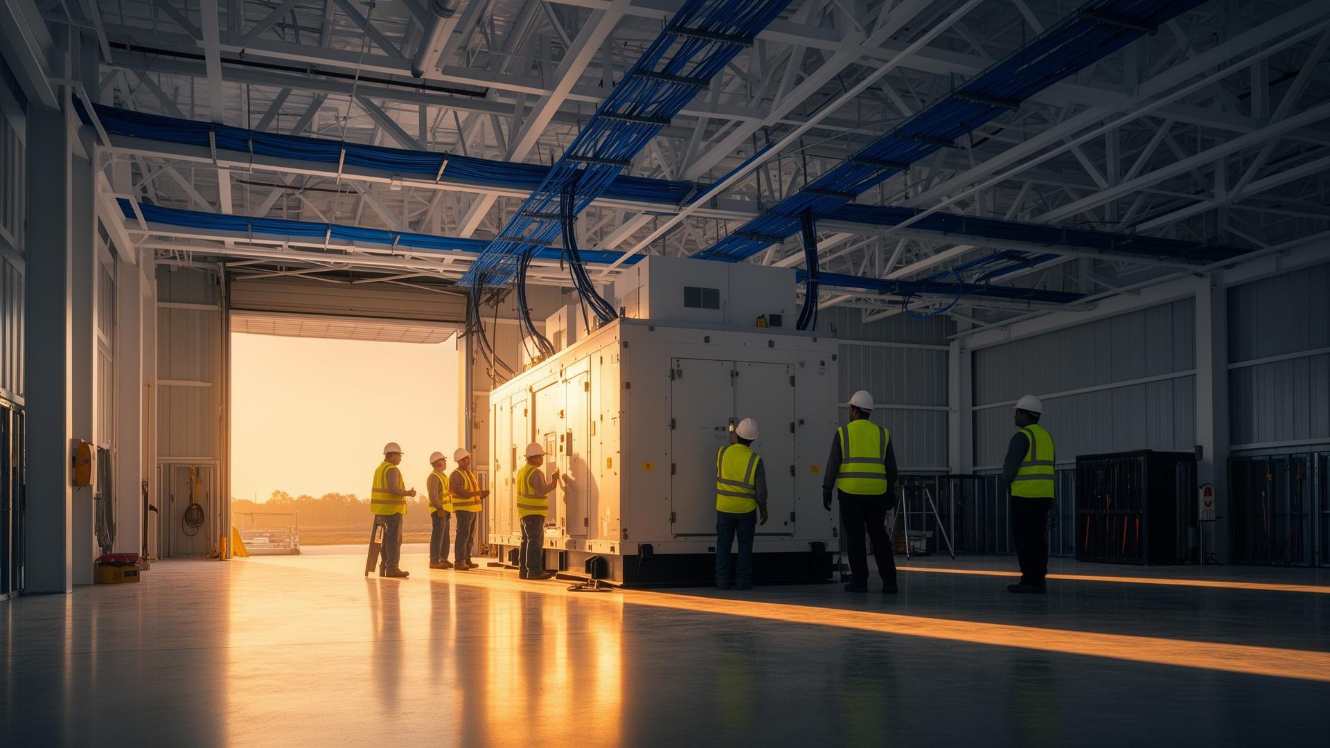 Workers installing a power skid module